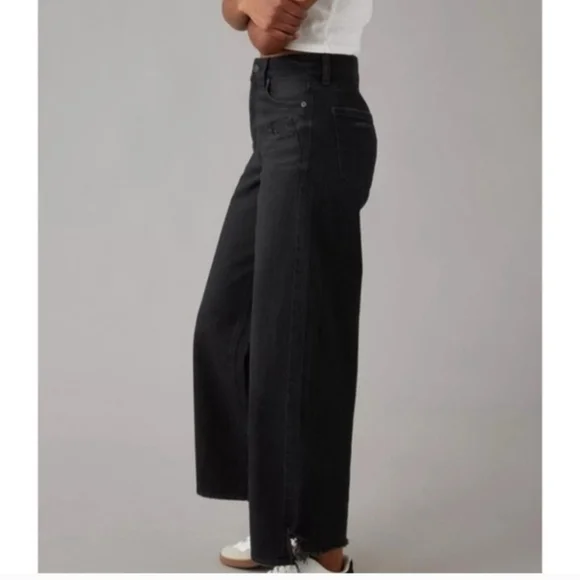 American Eagle Womens Super High Rise Baggy Wide Leg Ankle Jeans Black Sz 12 R - Picture 8 of 10